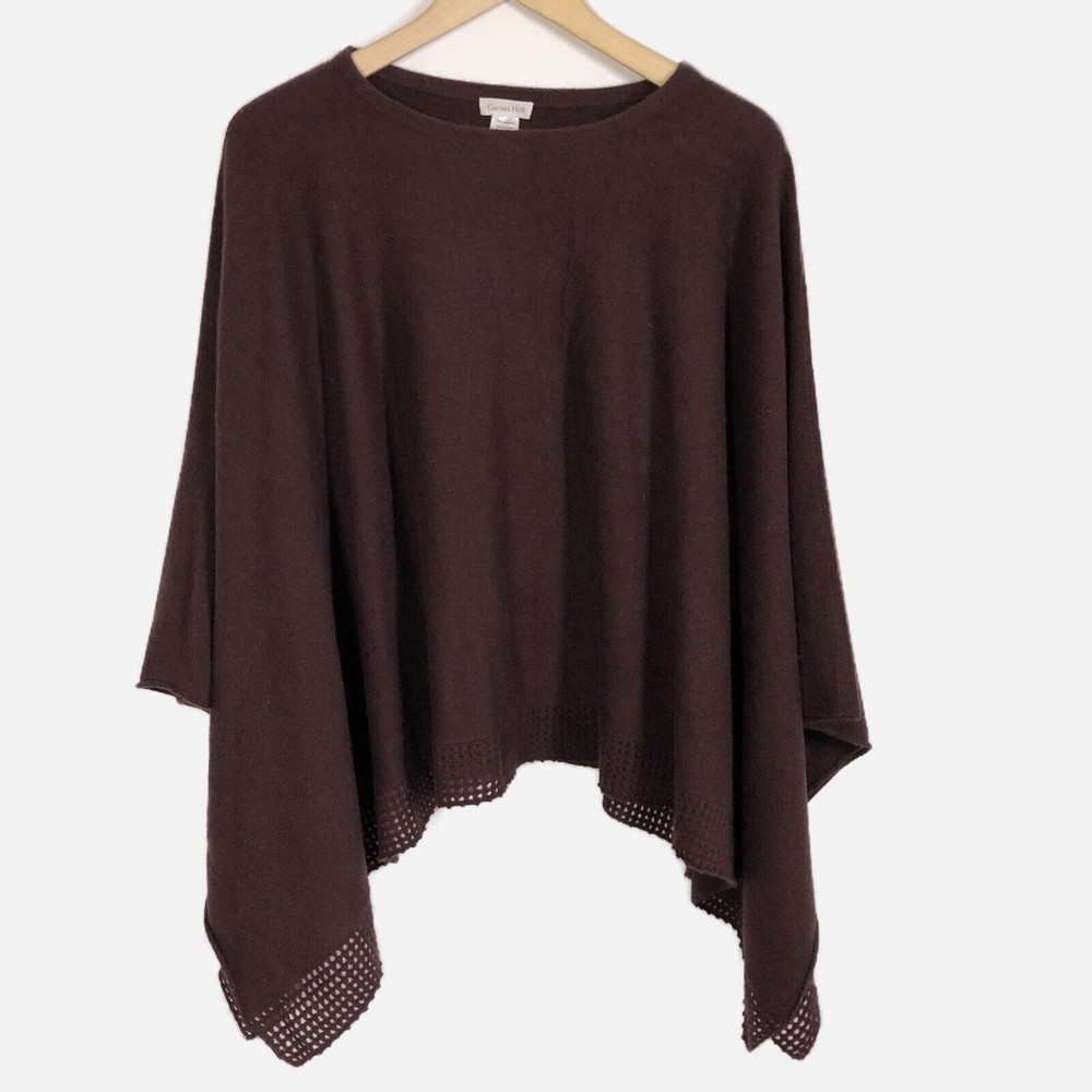 Garnet Hill Cashmere Sweater Poncho OS Brown Cape Knit Crocheted Trim One Size